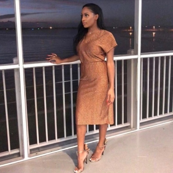 ZARA // metallic striped vneck belted midi knit - Picture 3 of 16